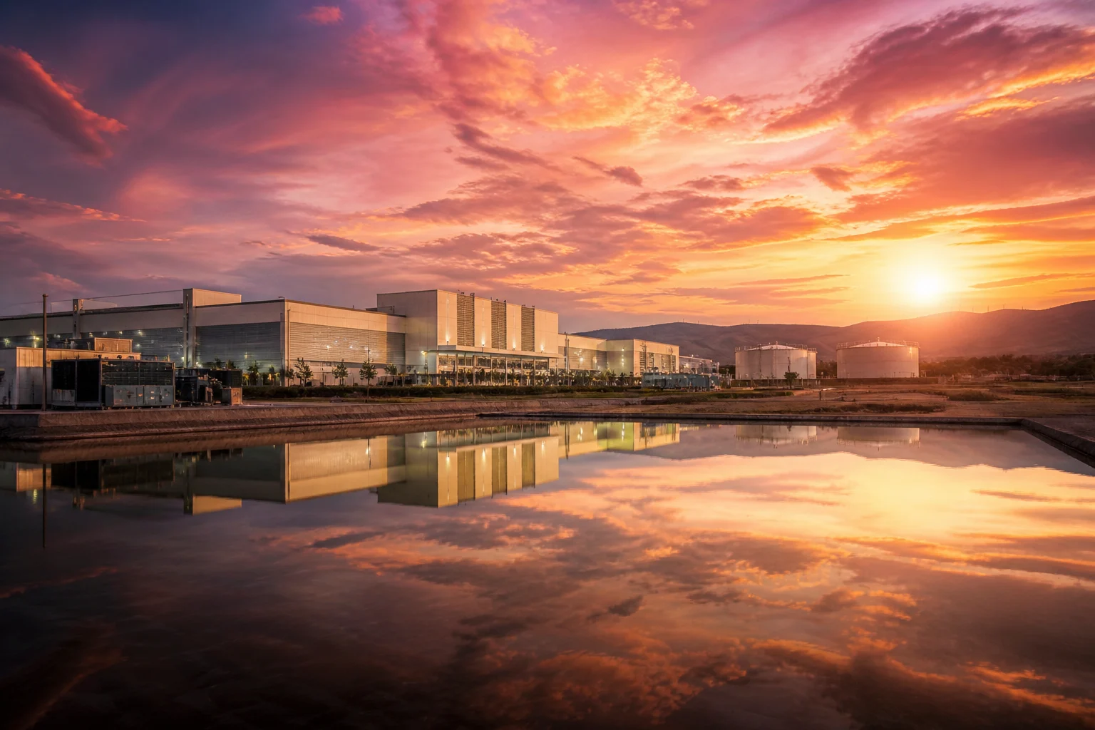 Data center campus at sunset, fuel tanks reflected in still water